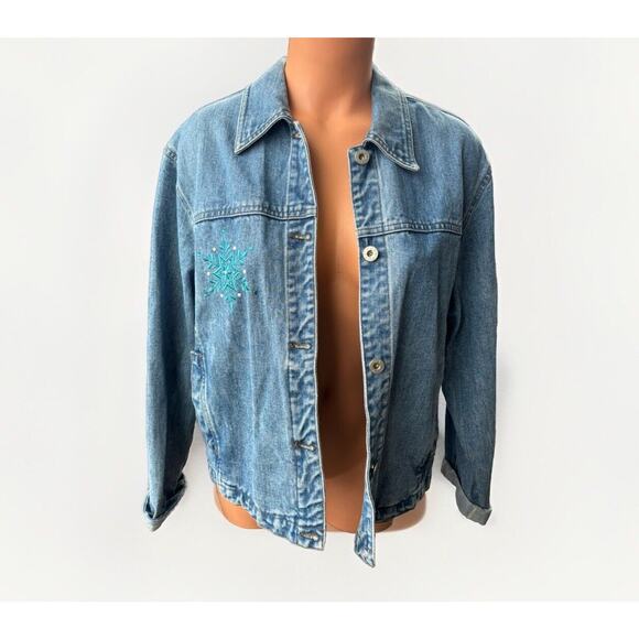 Pulp Womens Embroidered Jean Jacket Size M Snowmen Winter VTG 90s Christmas - Picture 3 of 11